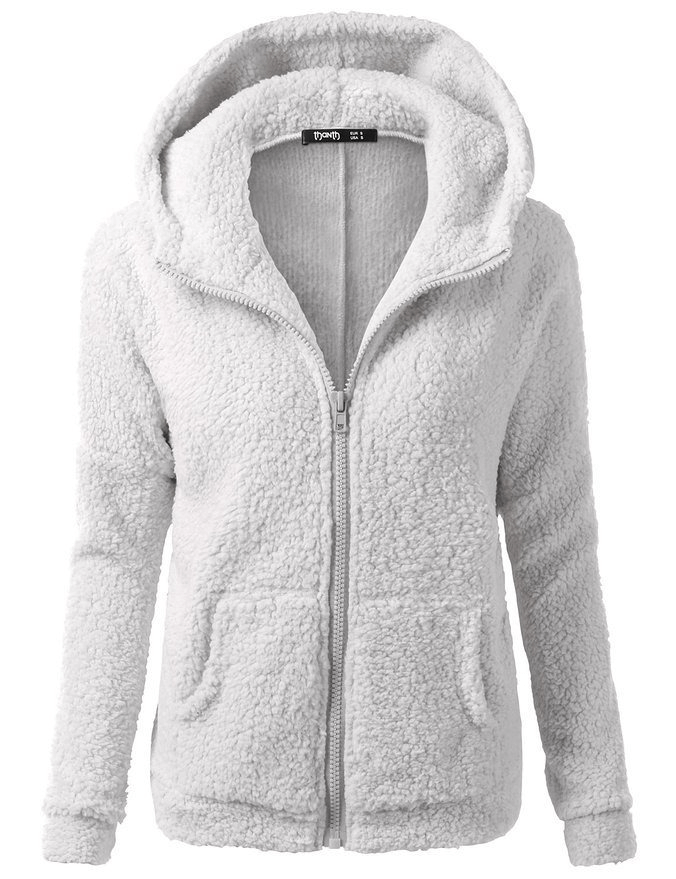 Plain women's fleece jacket with hood and zipper in light gray, featuring full sleeves and pockets for cozy winter warmth, style SF0141.